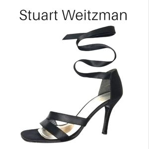 Stuart Weitzman Black Satin "Wrap Me Up" Open Toe Lace Up Heeled Sandals Sz 7½